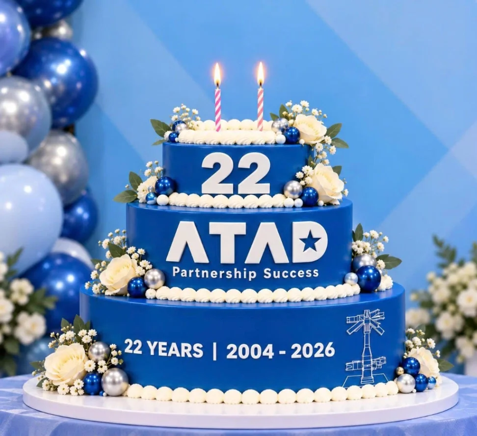 Corporate Anniversary Blue 3-Tier Cake Blue 3-tier cake with soft icing, white fondant roses, blue and silver spheres, and a number 22