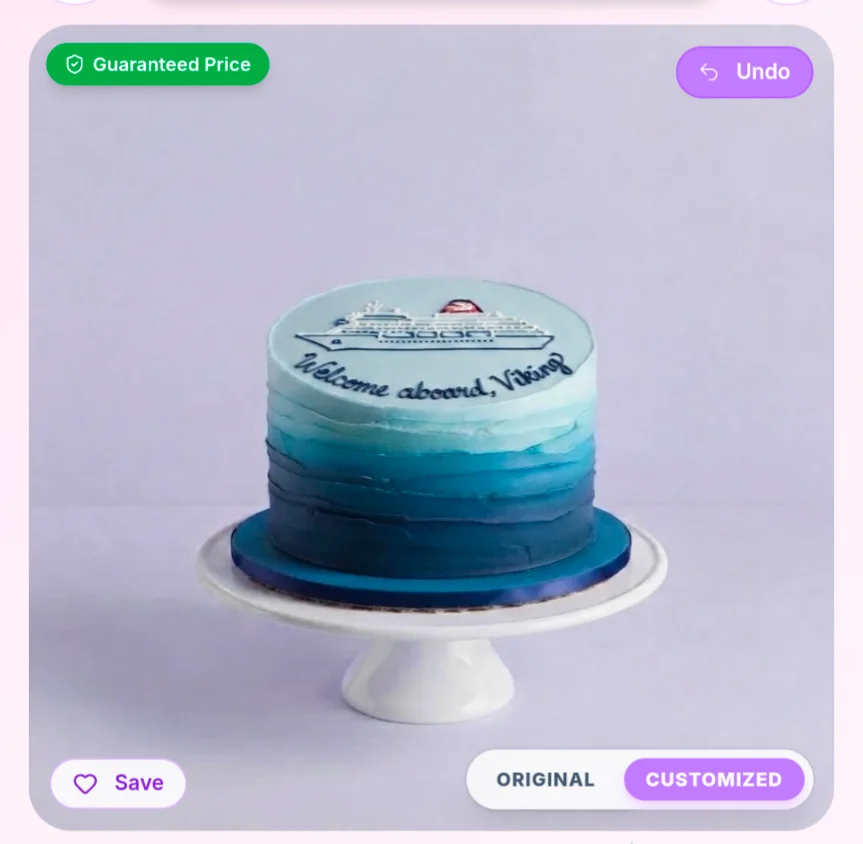 Cruise Sky Blue Birthday Cake Blue gradient 1-tier cake with soft icing, a piped cruise ship doodle, and welcome message