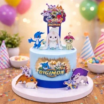 Digimon Sky Blue Birthday Cake Light blue 1 tier cake with smooth soft icing, Digimon character printouts, and colorful sprinkles