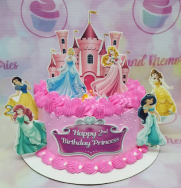 Disney-Inspired Princess Pink Birthday Cake Pink 1-tier cake with soft icing, Disney princess printouts, a castle topper, and piped rosettes
