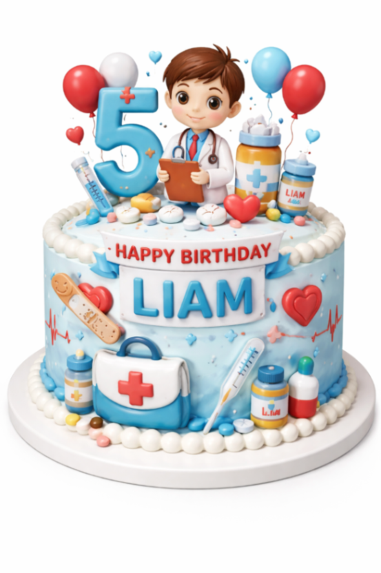 Light blue medical themed birthday cake for Liam featuring a 3D doctor figure, medical supplies, and a large number five.