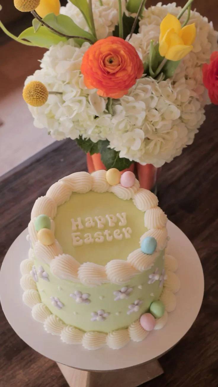 Light green Easter cake with white piped borders, pastel egg toppers, and purple icing flowers. Light green Easter cake with white piped borders, pastel egg toppers, and purple icing flowers.