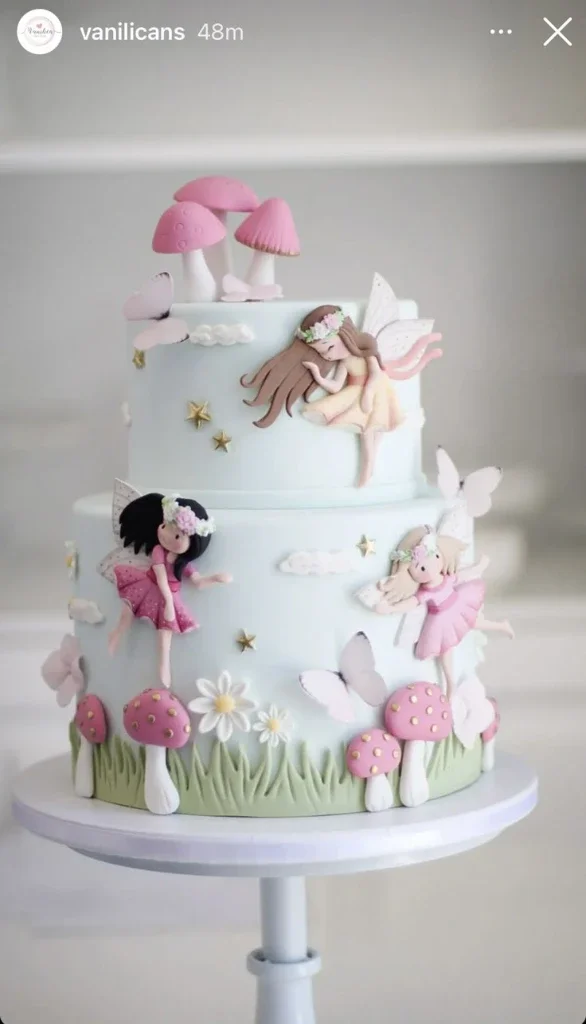 A two-tier light blue fondant fairy-themed cake decorated with pink mushrooms, 3D fondant fairies, and gold stars. A two-tier light blue fondant fairy-themed cake decorated with pink mushrooms, 3D fondant fairies, and gold stars.
