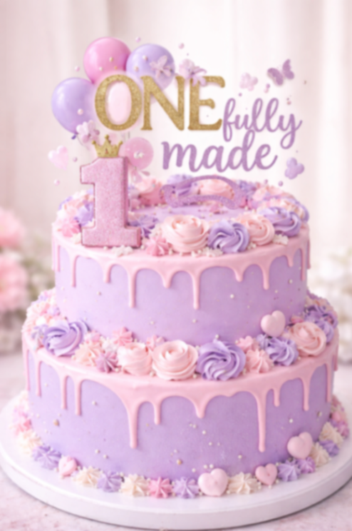 Two-tier lavender and pink birthday cake with pink icing drips, rosettes, and a gold 'ONE fully made' topper with a pink number one.