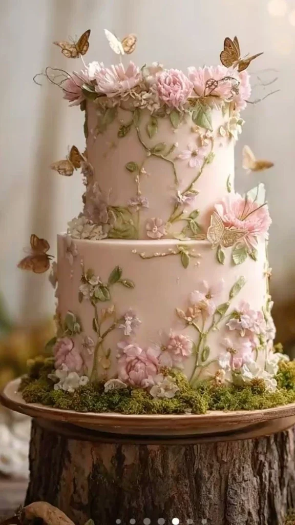 Elegant 2-tier light pink cake with intricate palette knife floral icing, edible flowers, and gold butterfly toppers on a rustic wood base. Elegant 2-tier light pink cake with intricate palette knife floral icing, edible flowers, and gold butterfly toppers on a rustic wood base.