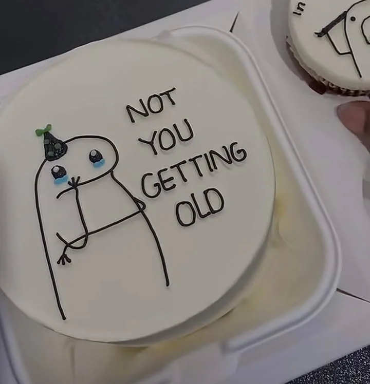 A white bento cake, funny birthday themed, with a hand-drawn crying stick figure wearing a party hat and 'NOT YOU GETTING OLD' text.