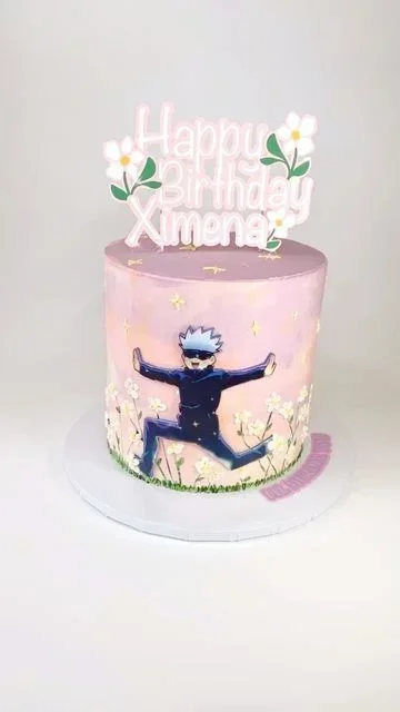 Pink and purple gradient cake with a Gojo Satoru anime character printout and a pink Happy Birthday Ximena topper. Pink and purple gradient cake with a Gojo Satoru anime character printout and a pink Happy Birthday Ximena topper.