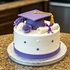 White single tier graduation cake with a purple fondant graduation cap, diploma, and purple roses. White single tier graduation cake with a purple fondant graduation cap, diploma, and purple roses.