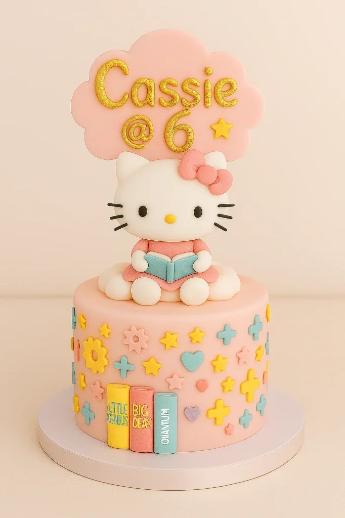 Pink Hello Kitty fondant cake with a 3D Hello Kitty figure reading a book, cloud topper with Cassie @ 6 message, and colorful book accents. Pink Hello Kitty fondant cake with a 3D Hello Kitty figure reading a book, cloud topper with Cassie @ 6 message, and colorful book accents.