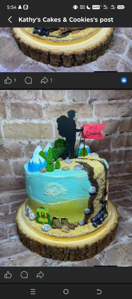 Hiking Adventure Sky Blue Silhouette Cake Sky blue 1-tier cake with soft icing, Hiking Adventure Cake theme, a black hiker silhouette topper, and snowy mountain peaks