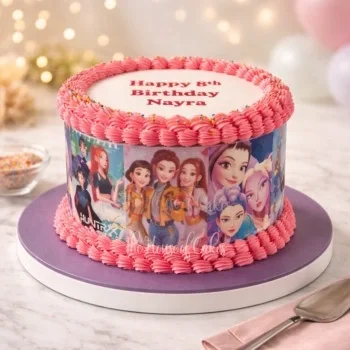 Kpop-Inspired Birthday White Cake White 1-tier Kpop birthday cake with smooth soft icing, edible photo top, and pink piped borders
