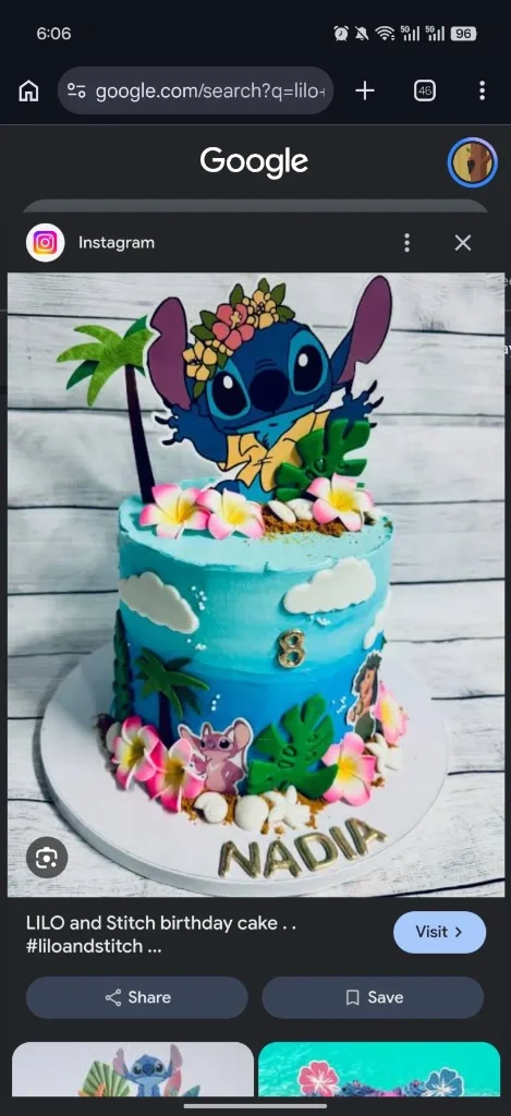 Lilo And Stitch-Inspired Sky Blue Birthday Cake Light blue gradient 1-tier birthday cake with a Stitch topper, tropical leaves, and hibiscus flowers