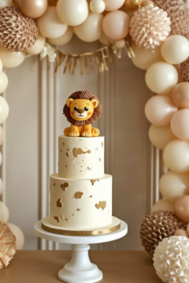Elegant 2-tier ivory cake with gold leaf accents and a handcrafted 3D fondant lion topper on a white pedestal stand.