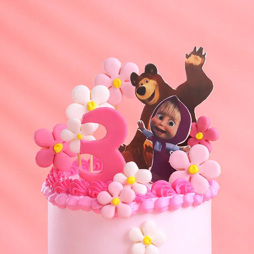 Masha Bear Light Pink Floral Birthday Cake Light pink 1-tier cake with soft icing, a Masha and the Bear printout, a pink number three topper, and assorted sugar flowers.
