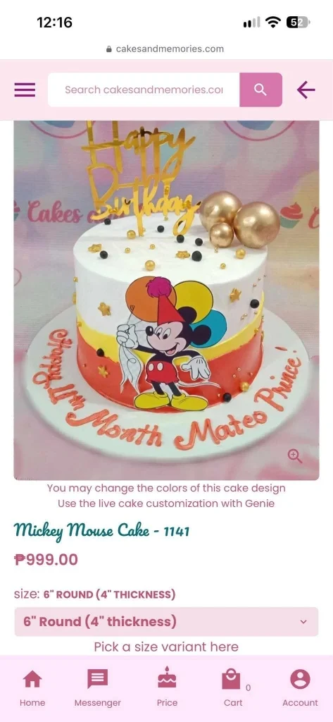 Mickey Mouse-Inspired Cake White single-tier cake with soft icing, Mickey Mouse character printout, and a gold age topper
