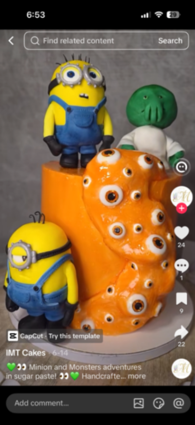 Minion Monster Orange Birthday Cake Orange 1-tier cake with soft icing, minion and monster fondant figurines, and an eyeball slime cascade