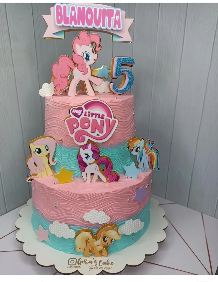 Two-tier My Little Pony themed birthday cake with pink and teal textured icing, featuring Pinkie Pie, Rainbow Dash, and other characters. Two-tier My Little Pony themed birthday cake with pink and teal textured icing, featuring Pinkie Pie, Rainbow Dash, and other characters.