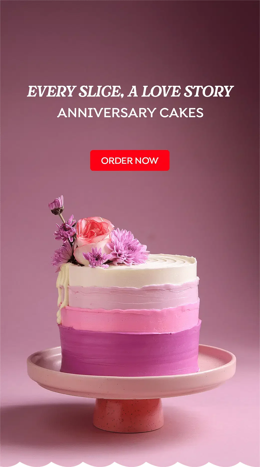 Ombre Anniversary White Drip Cake Ombre pink and purple 1-tier cake with soft icing, a white drip, and a cluster of fresh pink roses and chrysanthemums on top