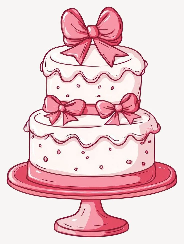 A two-tier white cake with pink icing drips, pink bows, and pink sprinkles on a pink cake stand. A two-tier white cake with pink icing drips, pink bows, and pink sprinkles on a pink cake stand.