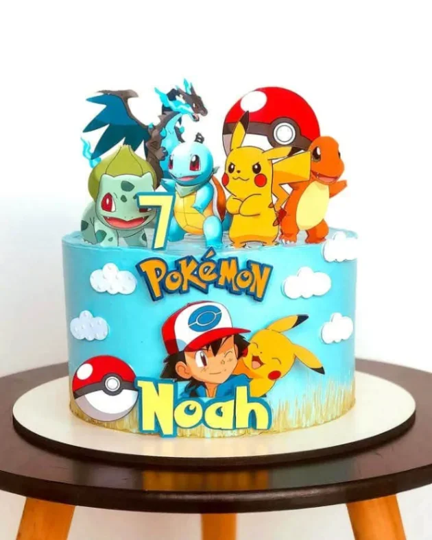 Pokemon-Inspired Birthday Sky Blue Cake Sky blue 1-tier cake with soft icing, Pokemon Birthday theme, and pokemon character printouts