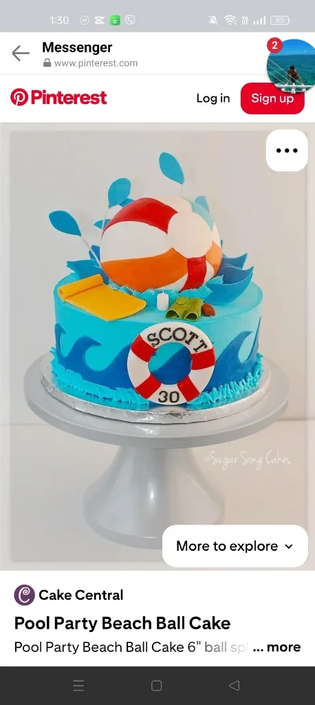 Pool party themed cake with a large beach ball topper, waves, and a life ring message for Scott's 30th birthday. Pool party themed cake with a large beach ball topper, waves, and a life ring message for Scott's 30th birthday.