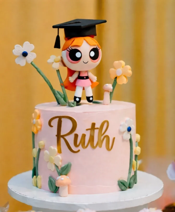 Pink Powerpuff Girls Blossom graduation cake with fondant flowers and mushrooms and a gold Ruth name topper. Pink Powerpuff Girls Blossom graduation cake with fondant flowers and mushrooms and a gold Ruth name topper.