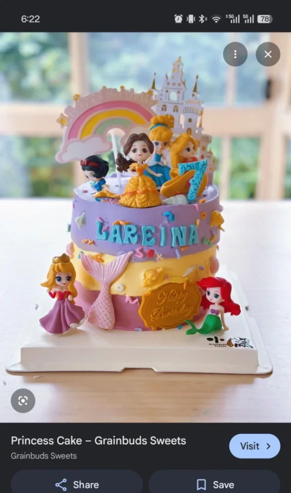Princess Cake Lavender 1-tier cake with smooth soft icing, princess figurines, and a castle printout topper