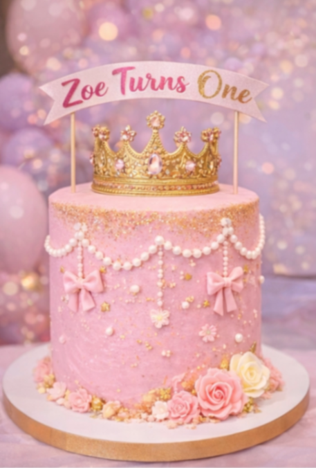 Tall pink birthday cake with a gold crown, pink bows, pearl swags, and a 'Zoe Turns One' banner. Tall pink birthday cake with a gold crown, pink bows, pearl swags, and a 'Zoe Turns One' banner.
