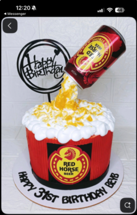 Red Horse Beer themed cake with a pouring beer can effect and white icing foam. Red Horse Beer themed cake with a pouring beer can effect and white icing foam.