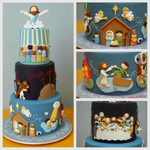 A three-tier blue and navy fondant cake featuring hand-sculpted biblical scenes including the Nativity, Last Supper, and Resurrection. A three-tier blue and navy fondant cake featuring hand-sculpted biblical scenes including the Nativity, Last Supper, and Resurrection.