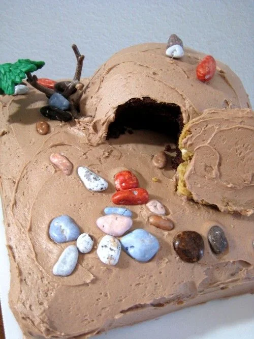 A square chocolate cake designed to look like a rocky tomb with a cave opening, decorated with brown icing and colorful candy rocks. A square chocolate cake designed to look like a rocky tomb with a cave opening, decorated with brown icing and colorful candy rocks.
