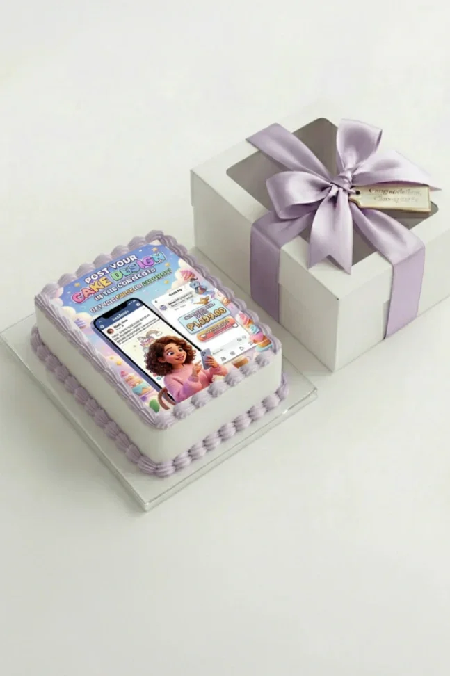 White rectangular cake with a large edible printout featuring a girl and social media graphics, bordered by lavender icing rosettes. White rectangular cake with a large edible printout featuring a girl and social media graphics, bordered by lavender icing rosettes.