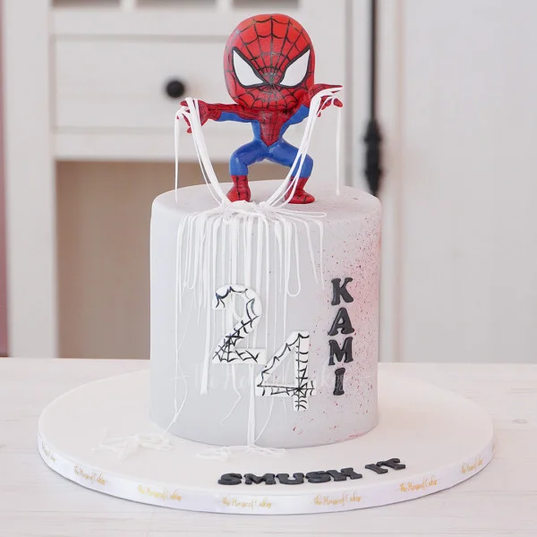 Spiderman-Inspired Birthday Silver Cake Silver 1-tier fondant Spiderman birthday cake with piped white webs and a molded character topper