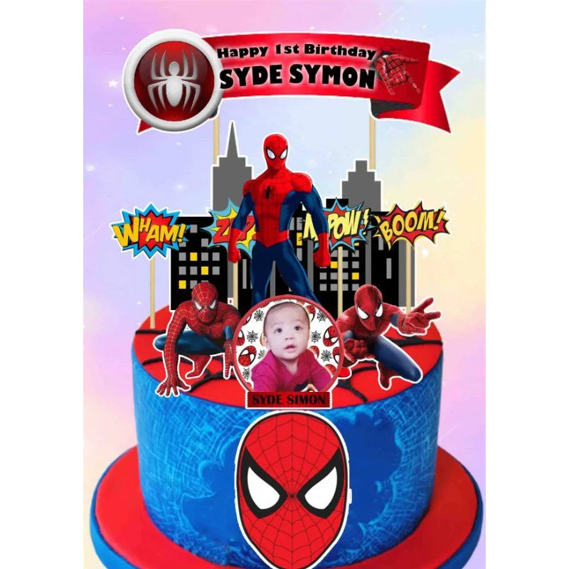 Spiderman-Inspired Birthday Cake Blue and red 1 tier birthday cake with Spiderman printouts, city skyline, and comic sound effects