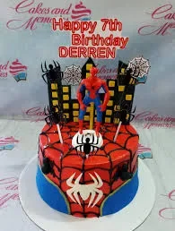 Spiderman themed birthday cake with red and blue icing, spider web patterns, and a Spiderman figure on top. Spiderman themed birthday cake with red and blue icing, spider web patterns, and a Spiderman figure on top.
