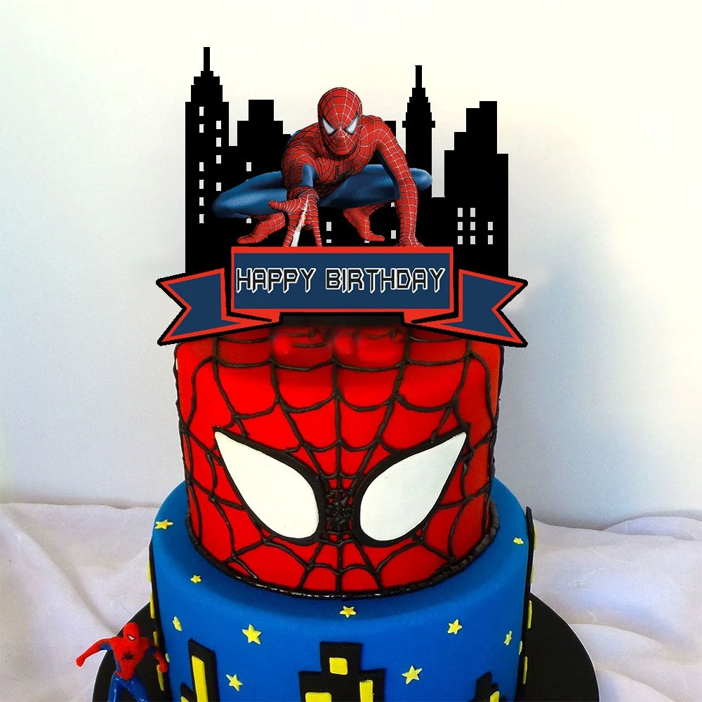 Spiderman-Inspired 2-Tier Birthday Cake Red and blue 2-tier fondant birthday cake with Spiderman printouts, city skyline panels, and yellow star accents
