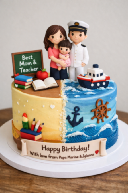 A split-themed birthday cake featuring a teacher side with books and a chalkboard, and a marine side with an anchor and a ship. A split-themed birthday cake featuring a teacher side with books and a chalkboard, and a marine side with an anchor and a ship.