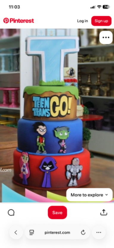 Three-tier Teen Titans Go themed fondant cake with character cutouts and a large blue letter T topper. Three-tier Teen Titans Go themed fondant cake with character cutouts and a large blue letter T topper.