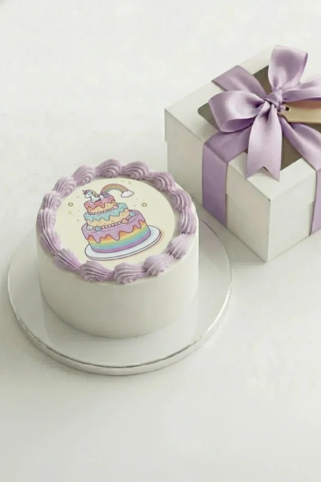 A minimalist white 1-tier cake with lavender piped icing borders and a central printout of a three-tiered unicorn rainbow cake. A minimalist white 1-tier cake with lavender piped icing borders and a central printout of a three-tiered unicorn rainbow cake.