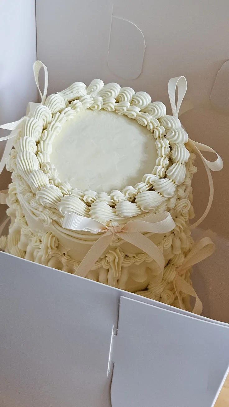 Elegant tall white vintage-style cake with intricate buttercream piping and delicate white satin ribbons.