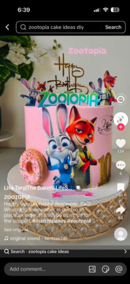 Zootopia-Inspired Pink Glitter Birthday Cake Pink 1 tier birthday cake with soft icing finish, Zootopia character printouts, and gold glitter toppers