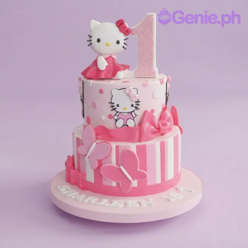 Pink 2-tier fondant cake with Hello Kitty figurine, glittery number one topper, and pink butterfly accents Pink 2-tier fondant cake with Hello Kitty figurine, glittery number one topper, and pink butterfly accents