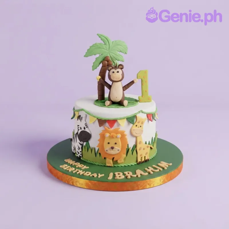 White fondant jungle safari cake with a monkey topper, palm tree, and animal panels on the side White fondant jungle safari cake with a monkey topper, palm tree, and animal panels on the side
