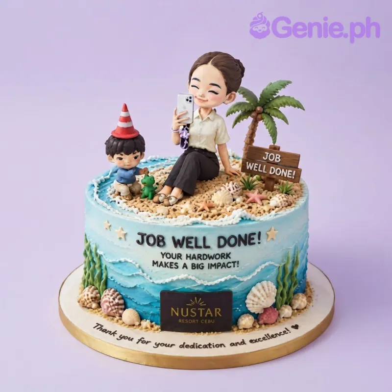 Blue and peach 1-tier celebration cake with beach theme, fondant figurines, and piped ocean waves Blue and peach 1-tier celebration cake with beach theme, fondant figurines, and piped ocean waves