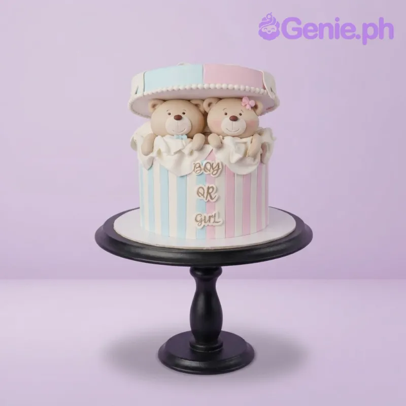 Light blue 1-tier fondant cake with smooth icing, gender reveal theme, and a boy bear and girl bear peeking out Light blue 1-tier fondant cake with smooth icing, gender reveal theme, and a boy bear and girl bear peeking out
