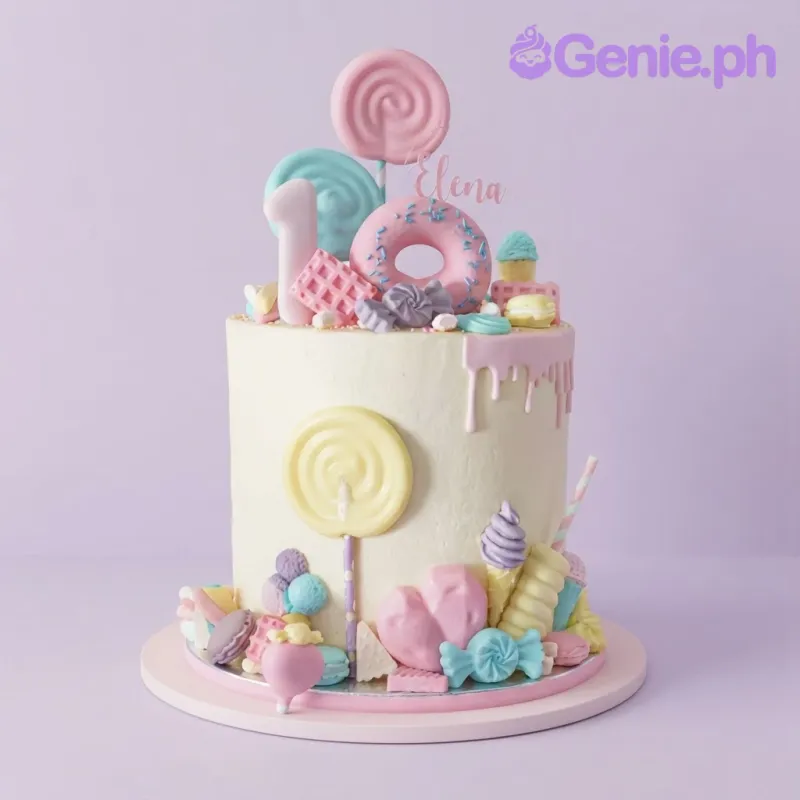 Ivory 1-tier cake with pink drip, candy toppers, and an acrylic name sign Ivory 1-tier cake with pink drip, candy toppers, and an acrylic name sign