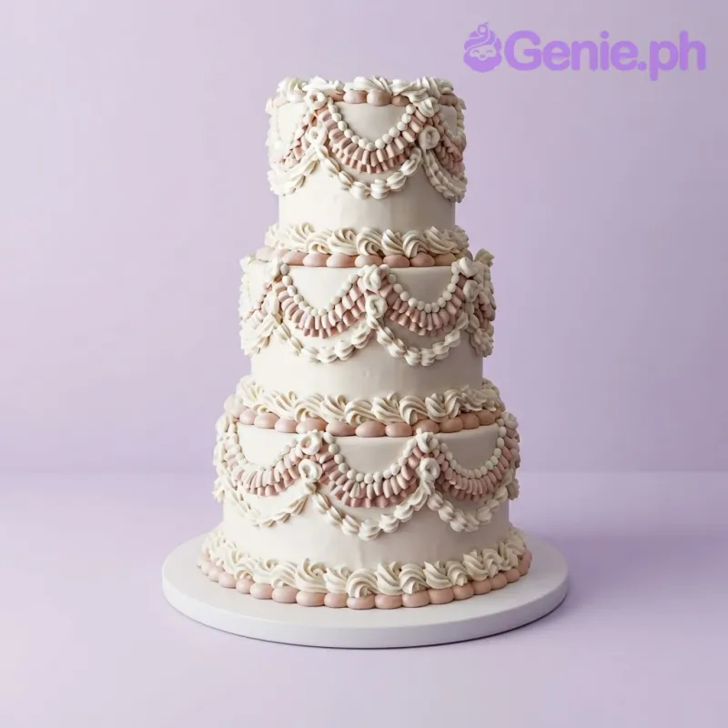 A 3-tier white fondant cake with intricate piped swags and borders in soft pink and white icing A 3-tier white fondant cake with intricate piped swags and borders in soft pink and white icing