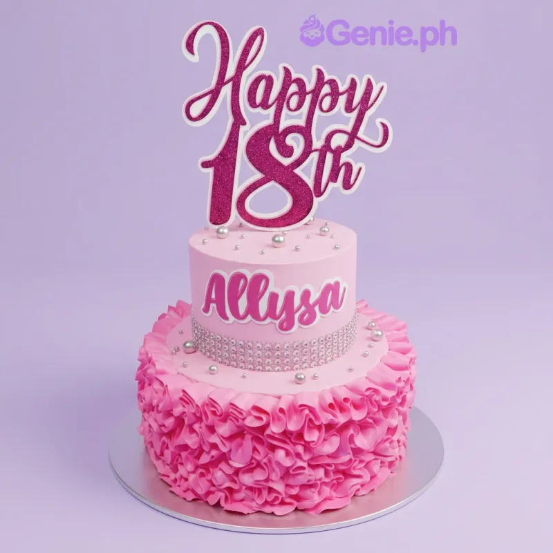 Pink 2-tier birthday cake with ruffles, silver pearls, and glittery Happy 18th and Allysa toppers Pink 2-tier birthday cake with ruffles, silver pearls, and glittery Happy 18th and Allysa toppers