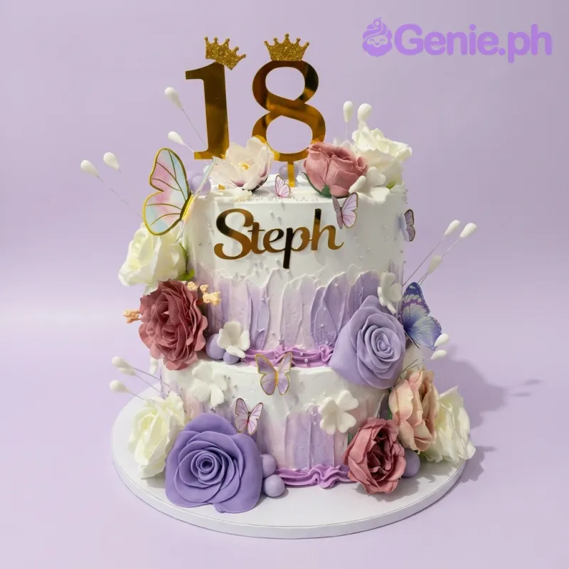 A white and purple 2-tier 18th birthday cake, featuring a gold 18 topper, black name topper, edible roses, and butterflies. A white and purple 2-tier 18th birthday cake, featuring a gold 18 topper, black name topper, edible roses, and butterflies.