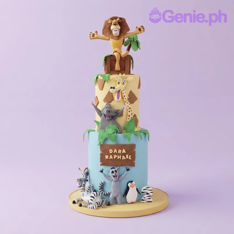Two-tier Madagascar movie cake with a yellow giraffe-spotted top tier and light blue bottom tier featuring sculpted character figures Two-tier Madagascar movie cake with a yellow giraffe-spotted top tier and light blue bottom tier featuring sculpted character figures